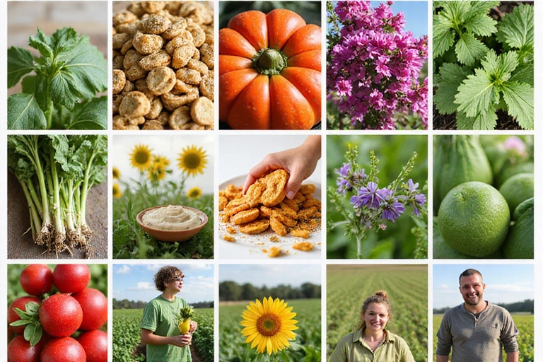 A vibrant collage depicting natural ingredients like herbs, fruits, and flowers, alongside images of sustainable farming practices and happy, healthy individuals.