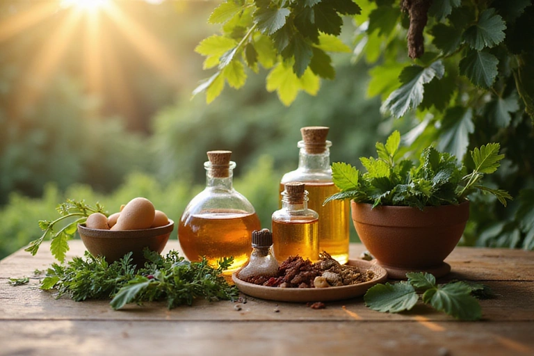 A serene image of ancient herbal remedies and natural ingredients laid out on a wooden table, bathed in soft, warm light.