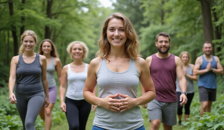 A diverse group of healthy, smiling people engaging in outdoor activities like yoga and hiking, symbolizing vitality and natural living.