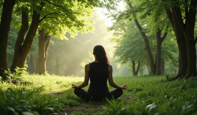 A person meditating peacefully in a forest setting.