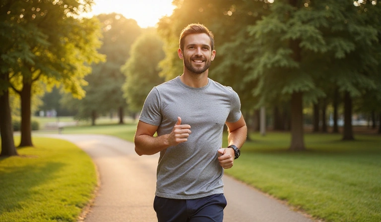 A man jogging in a natural park, symbolizing male vitality.