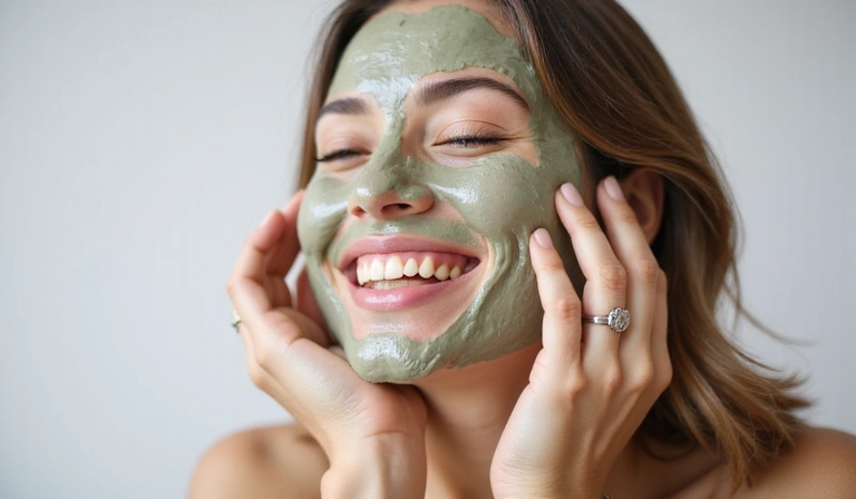 A woman applying a natural face mask, smiling.