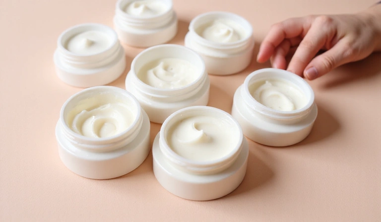 Different types of moisturizing creams and a hand applying cream.