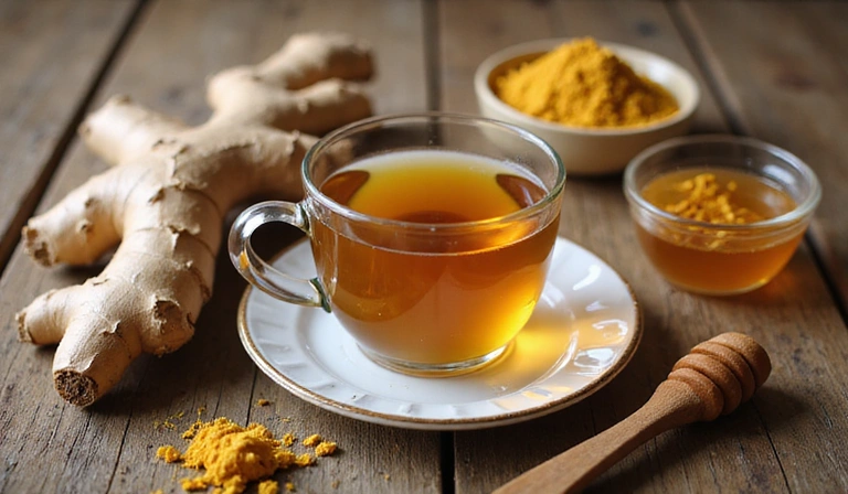 Herbal tea and natural remedies laid out on a wooden table.