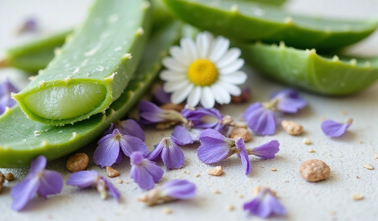 Natural ingredients like herbs and essential oils for skincare.