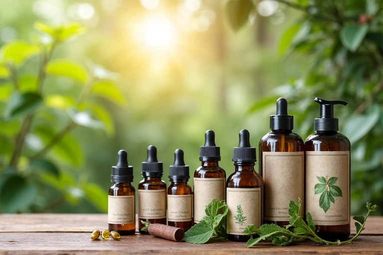 A variety of healthy natural wellness products, including herbal supplements, essential oils, and organic skincare items, arranged aesthetically on a rustic wooden surface with soft, natural lighting. Focus on natural ingredients and holistic health.