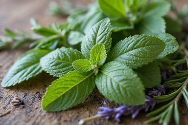Close-up of fresh green herbs and natural ingredients