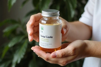 Hands gently holding a glass bottle with a natural supplement