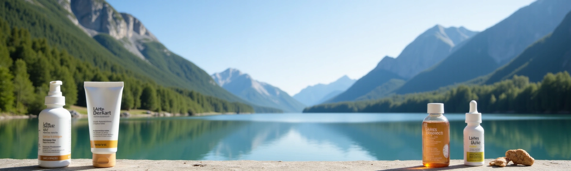 Serene natural landscape with subtle product elements representing natural wellness and health