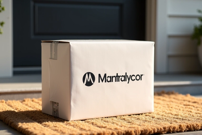 A package being delivered to a customer's doorstep, symbolizing efficient shipping.