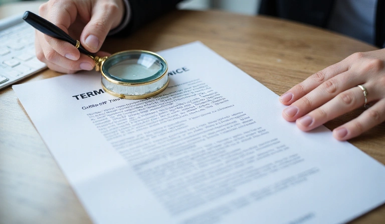 A person reading a legal document with a magnifying glass