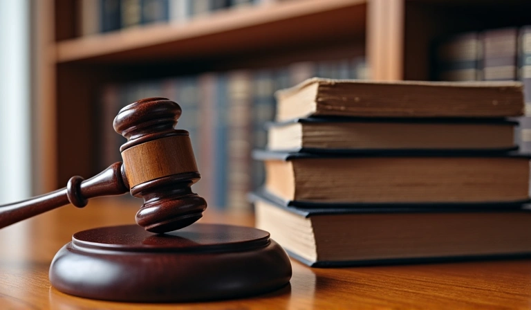 A gavel and legal books on a wooden desk, symbolizing law and justice