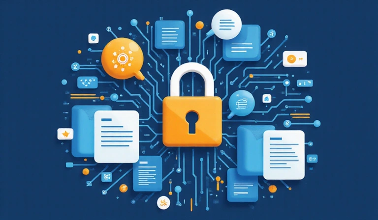 Stylized image representing intellectual property protection, with a lock icon over abstract digital patterns